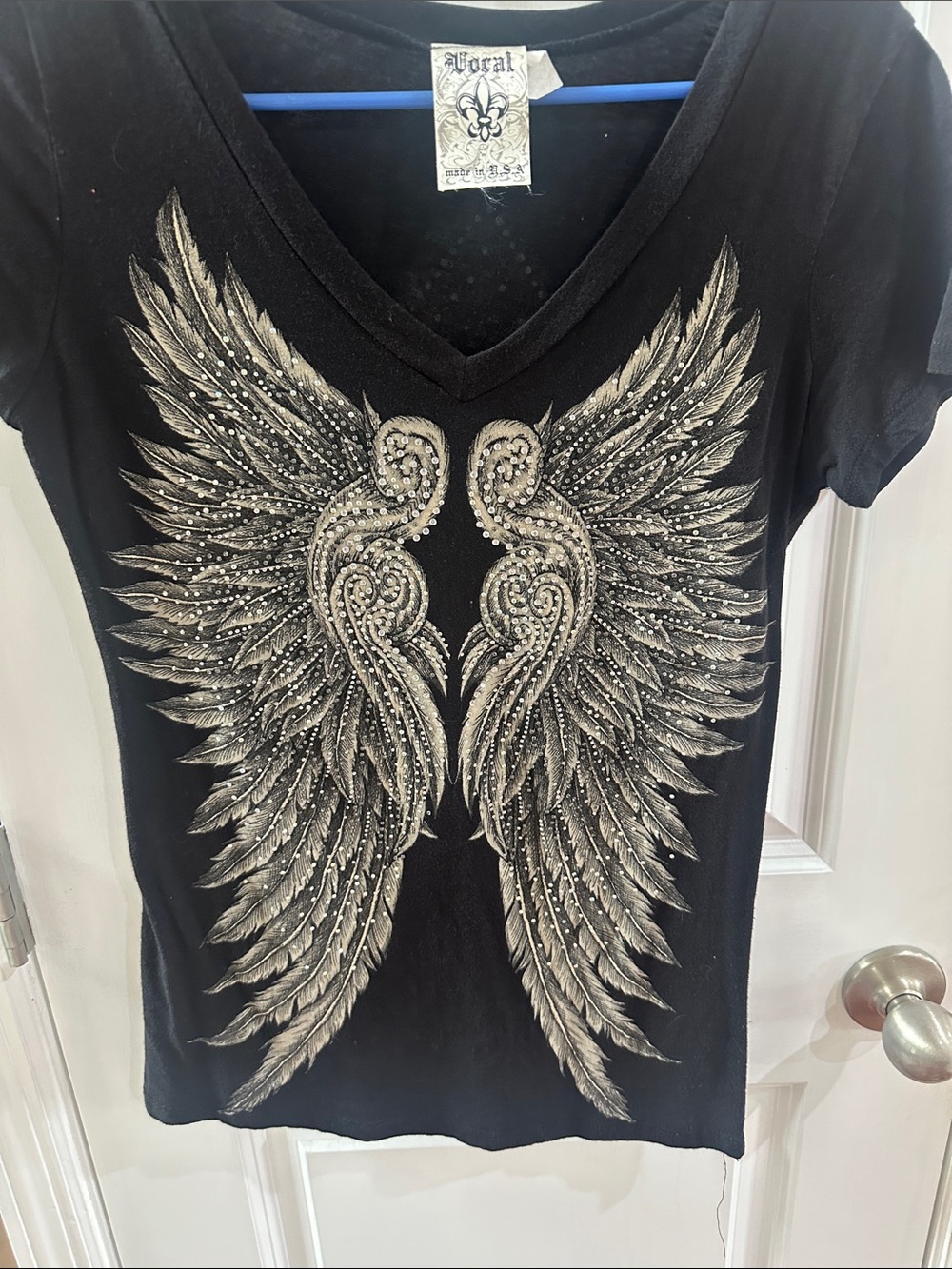 Vocal Black Tee with Silver Metallic Wing Motif